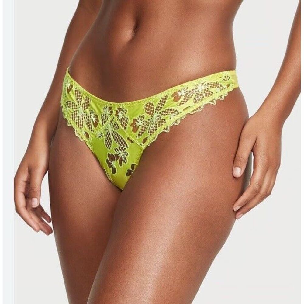 NWT Victoria's Secret Satin Ziggy Glam Floral Embroidery Thong Sz XL - Limelight